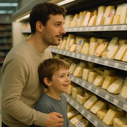 Un père et son fils dans un supermarché en train de choisir des fromages éthiques, bon pour le bien-être animal