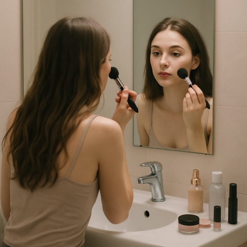 Jeune femme devant un miroir en train de se maquiller avec des cosmétiques éthiques