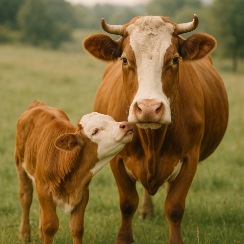 Une vache et son veau en liberté dans une prairie