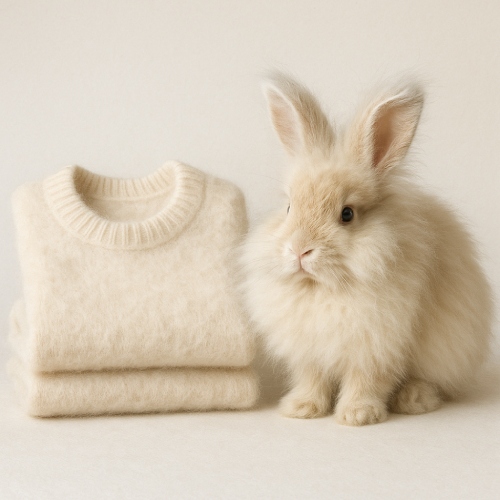 Un lapin angora à côté des pulls fabriqués avec sa laine. Ethique? Bien-être animal?