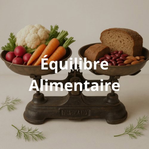 Une ancienne balance avec des légumes dans une coupelle et des protéines végétales dans l'autre pour illustrer l'équilibre alimentaire dans l'objectif d'une alimentation éthique